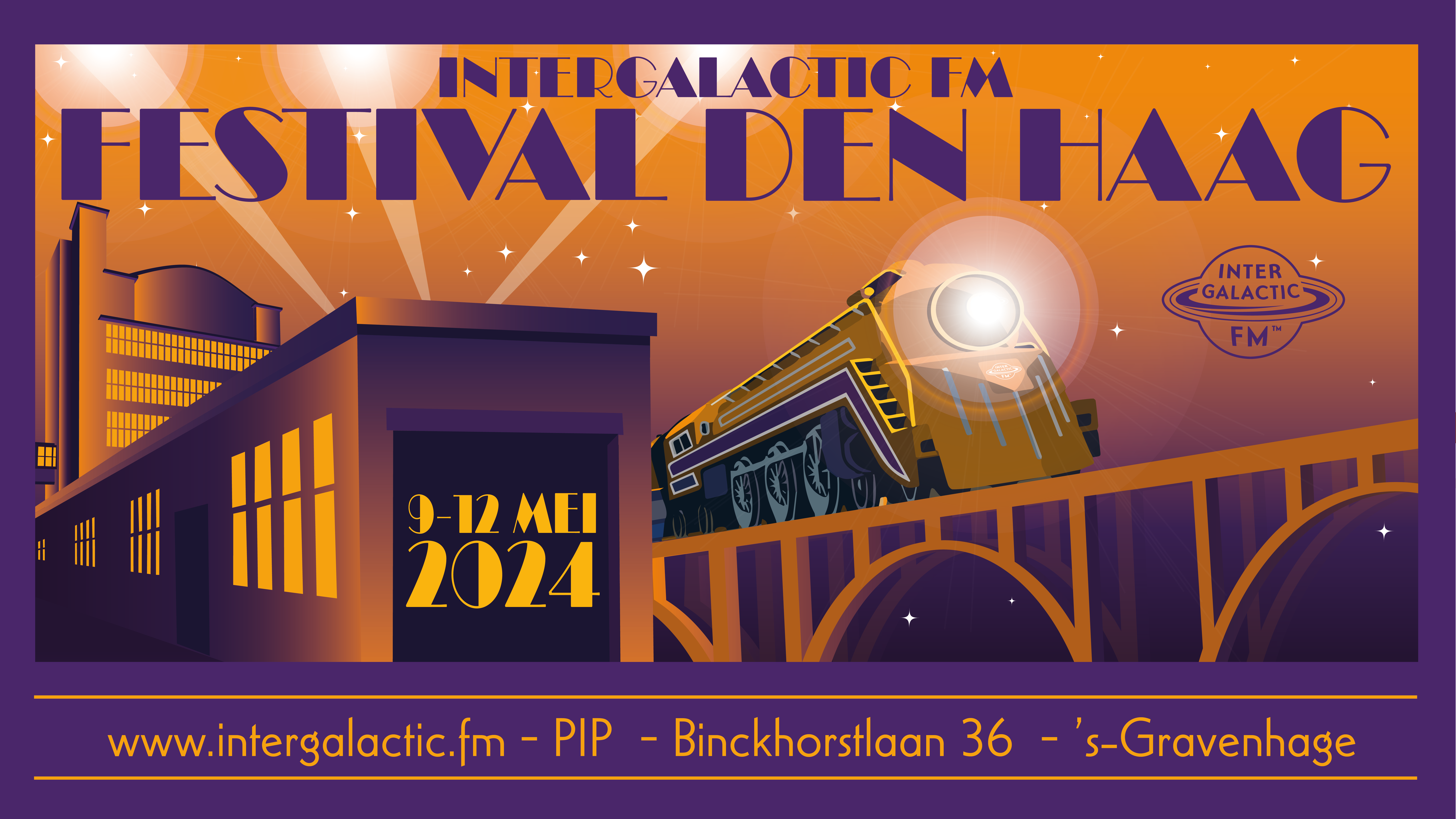 Intergalactic FM Festival 2024 flyer with building in portrait